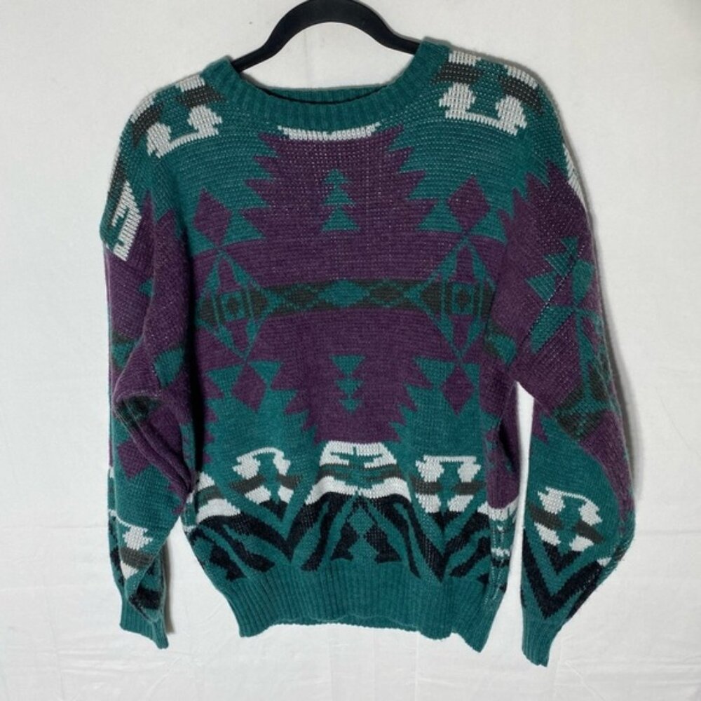 Vintage Club Intl. Green Purple  Southwestern Print Knit Crew Neck Dad Sweater L